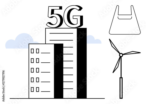 Buildings with prominent 5G on top, clouds, outline of a plastic bag, wind turbine. Ideal for technology, urban development, sustainability, connectivity, renewable energy environmental awareness