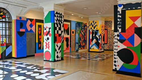 Colorful abstract art installation in a modern gallery showcasing geometric shapes and vibrant patterns