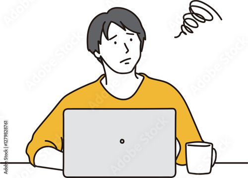 パソコン操作をしている困り顔の男性のイラスト素材