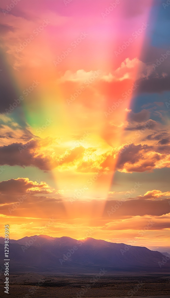 Fototapeta premium Colorful beams of light shine through clouds in the sky