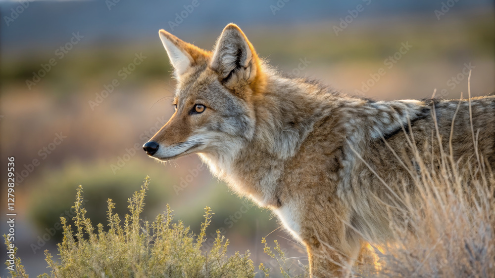Coyote standing in natural habitat, showcasing its keen expression and fur Coyote standing in natural habitat, showcasing its keen expression and fur