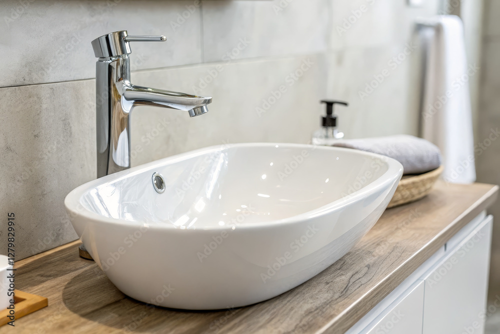 Fototapeta premium Modern bathroom sink with sleek faucet and wooden countertop