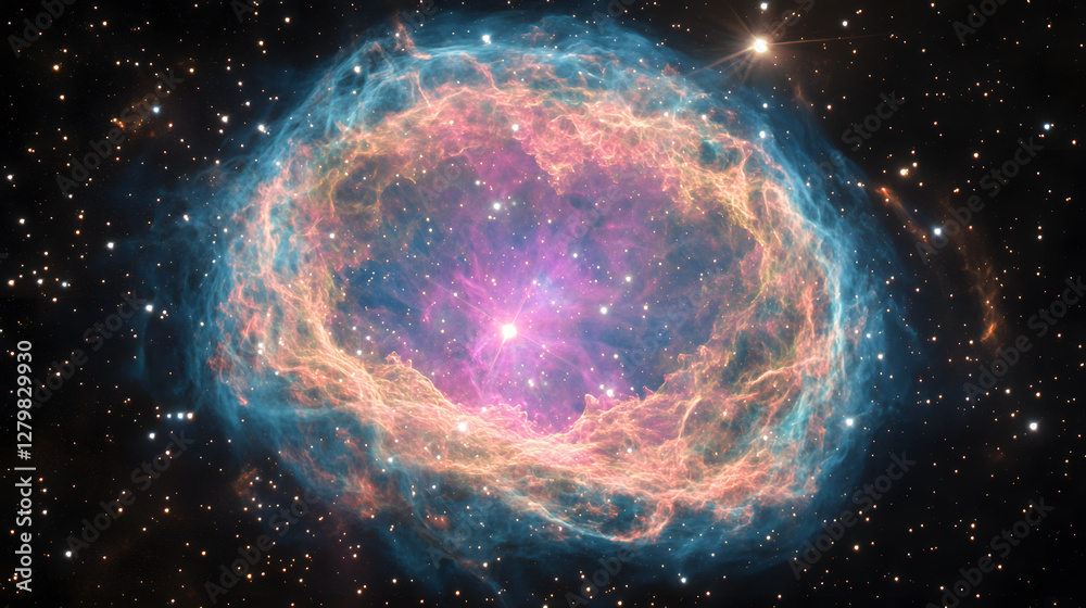Obraz premium A vibrant nebula glows in the deep space, showcasing swirling clouds of pink, orange, and blue hues around a bright central star. Stars twinkle in the dark background.