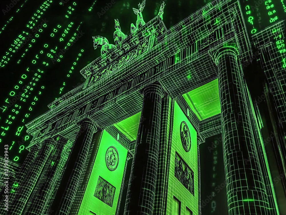 Fototapeta premium Brandenburg Gate holographic futuristic wireframe neon green glowing cyber digital matrix sci-fi virtual reality architectural Berlin landmark modern tech mesh data urban dreamy travel iconic grid
