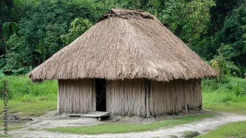 traditional hut with a thatched roof in a rural setting.