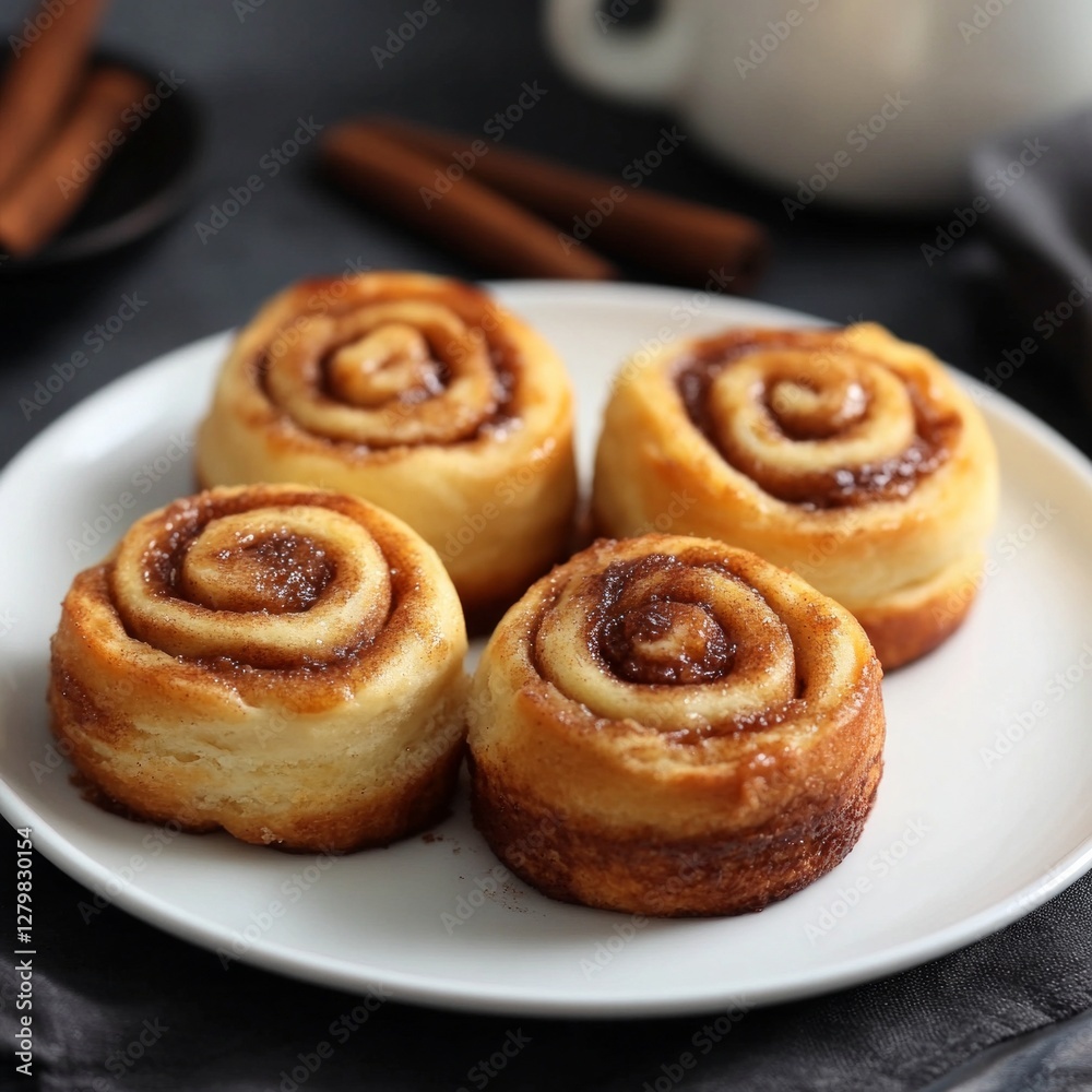 Freshly baked cinnamon rolls on white plate with dark background Freshly baked cinnamon rolls on white plate with dark background