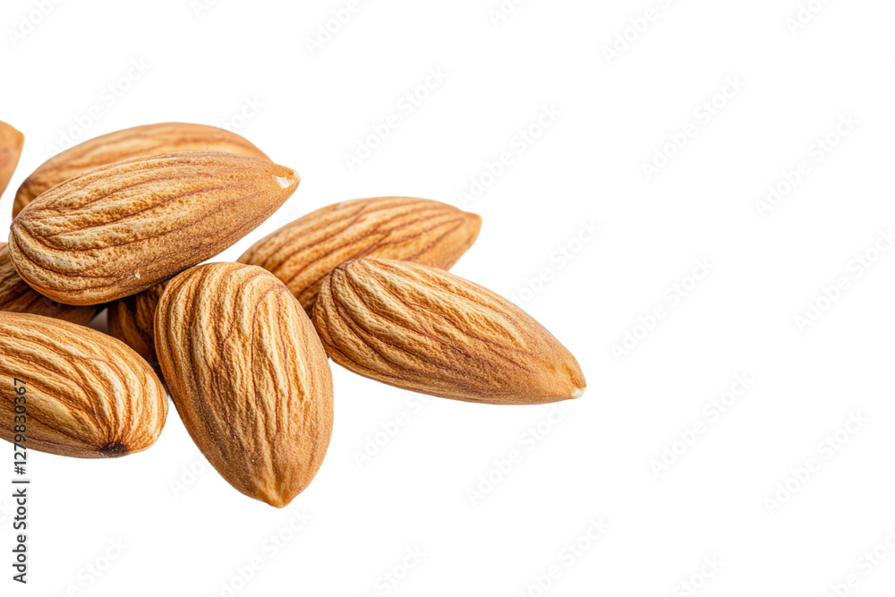Bunch of almonds are spread out on a white background, isolated Bunch of almonds are spread out on a white background, isolated