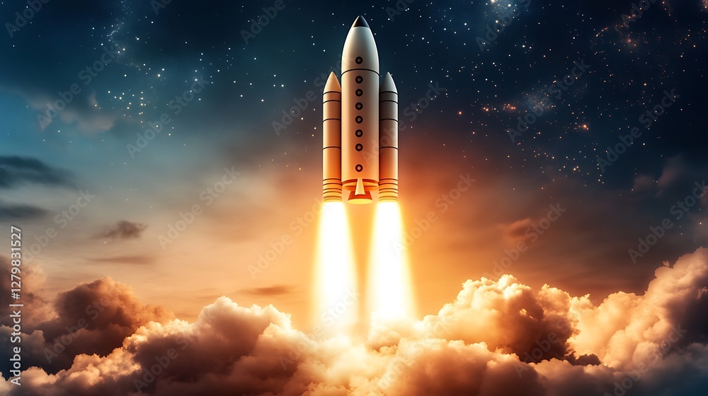 Fototapeta premium Rocket launch into starry night sky