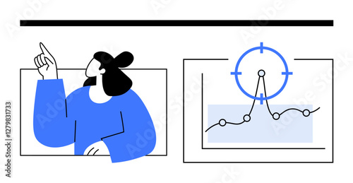 Woman gestures at screen showing target focus symbol and trend graph. Ideal for business strategy, analytics, goal setting, presentations, education, leadership, abstract line flat metaphor