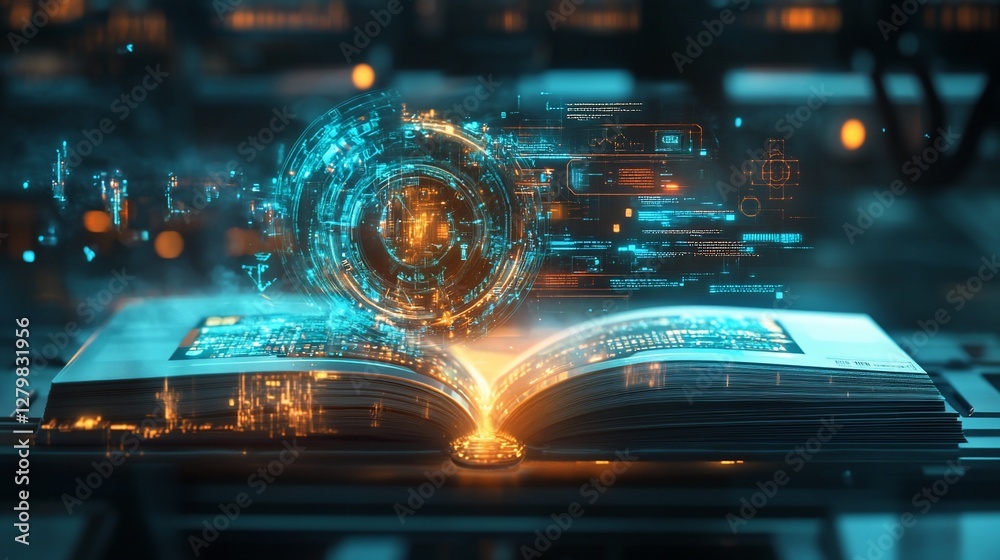 Open book with glowing holographic futuristic digital interface overlay emitting light effects Open book with glowing holographic futuristic digital interface overlay emitting light effects