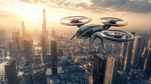 Futuristic drone flying over cityscape at sunset