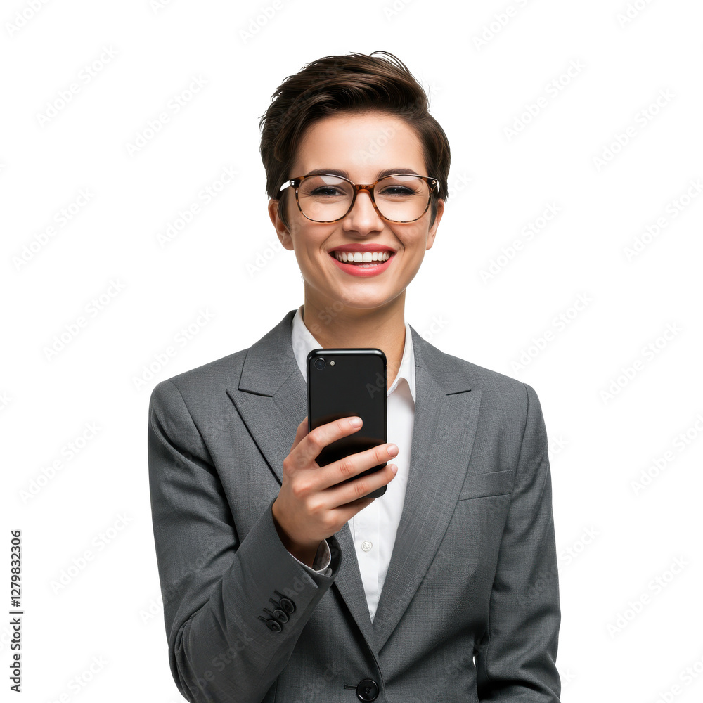 Young beautiful businesswoman holding mobile phone, smiling nicely isolated on White background Young beautiful businesswoman holding mobile phone, smiling nicely isolated on White background