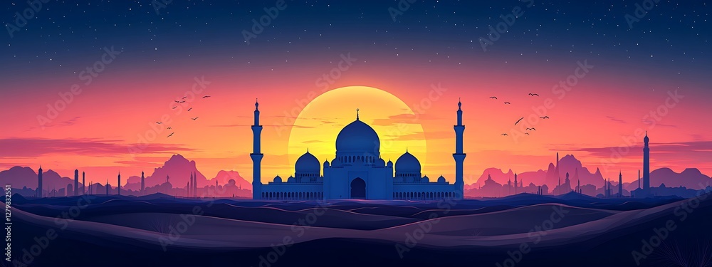 Obraz premium Desert Mosque Sunset Silhouette