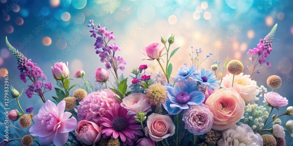 Fototapeta premium A delightful arrangement of pastel-hued blossoms, showcasing delicate roses, vibrant wildflowers, and lush peonies, artfully composed against a soft, shimmering backdrop