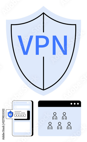 Shield labeled VPN, mobile screen with secure login prompt, and webpage icon showing user connectivity. Ideal for data security, privacy, encryption, safety, cyber protection, network anonymity