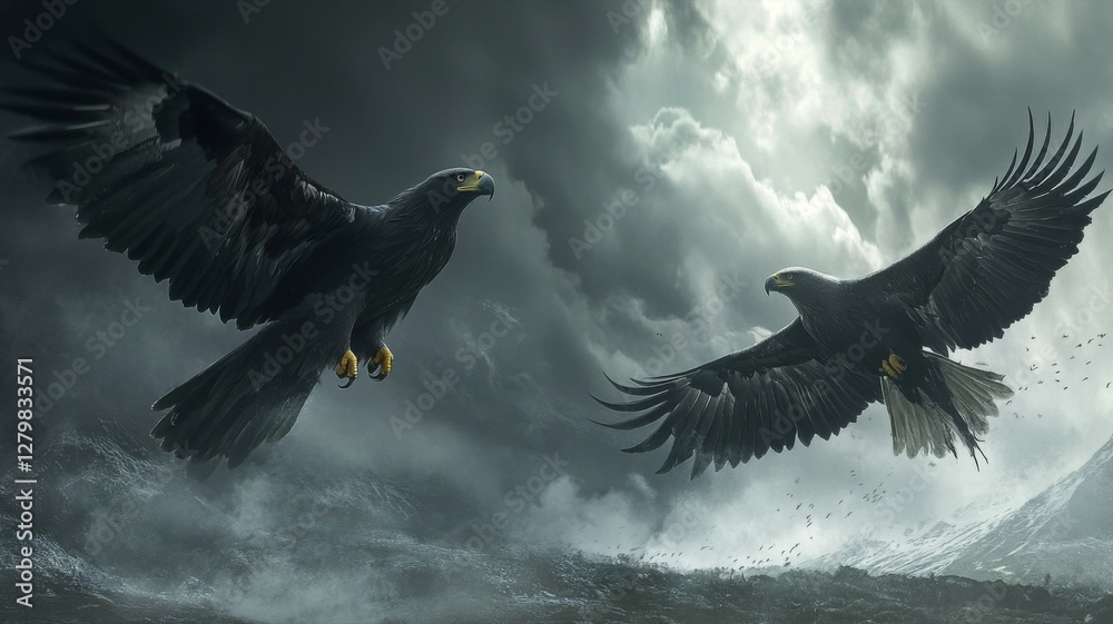 Fototapeta premium Two Black Eagles in Flight During a Stormy Day