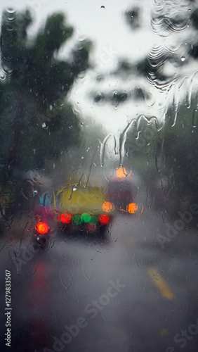 Raindrops on the windshield of the car