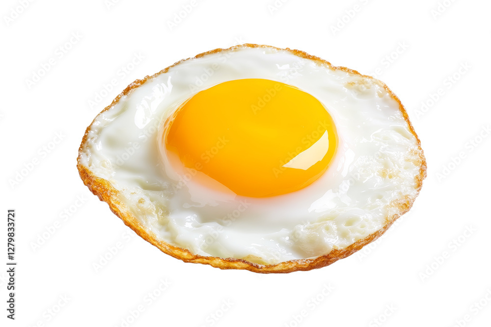 Fried egg with a yellow yolk sits on a white background, isolated Fried egg with a yellow yolk sits on a white background, isolated