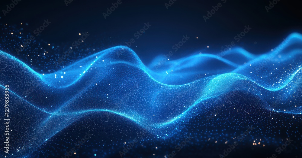 Abstract glowing blue waves with shimmering particles in a dark background creating a serene and dynamic visual for technology and digital themes Abstract glowing blue waves with shimmering particles in a dark background creating a serene and dynamic visual for technology and digital themes