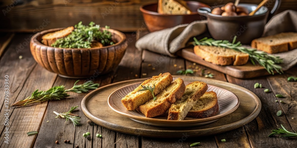 Rustic Table Setting Featuring Herb-Infused Toasted Bread Slices, Accompanied by Fresh Herbs and a Bowl of Seasoning Rustic Table Setting Featuring Herb-Infused Toasted Bread Slices, Accompanied by Fresh Herbs and a Bowl of Seasoning