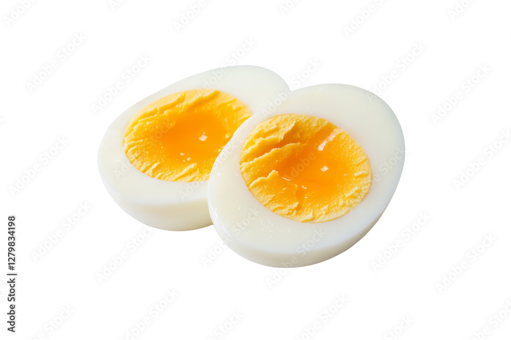 Two eggs are cut in half, with the yolk and white visible, isolated Two eggs are cut in half, with the yolk and white visible, isolated