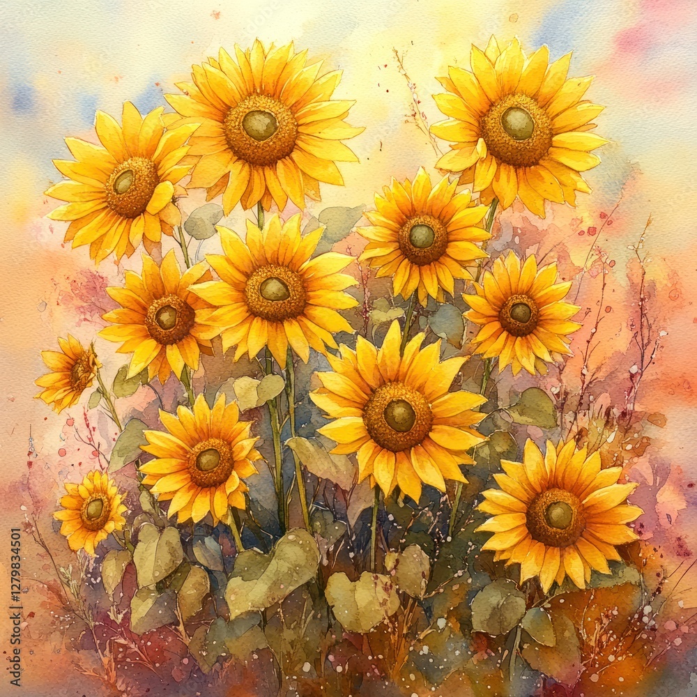Obraz premium Vibrant watercolor painting of a cluster of sunflowers in a field.
