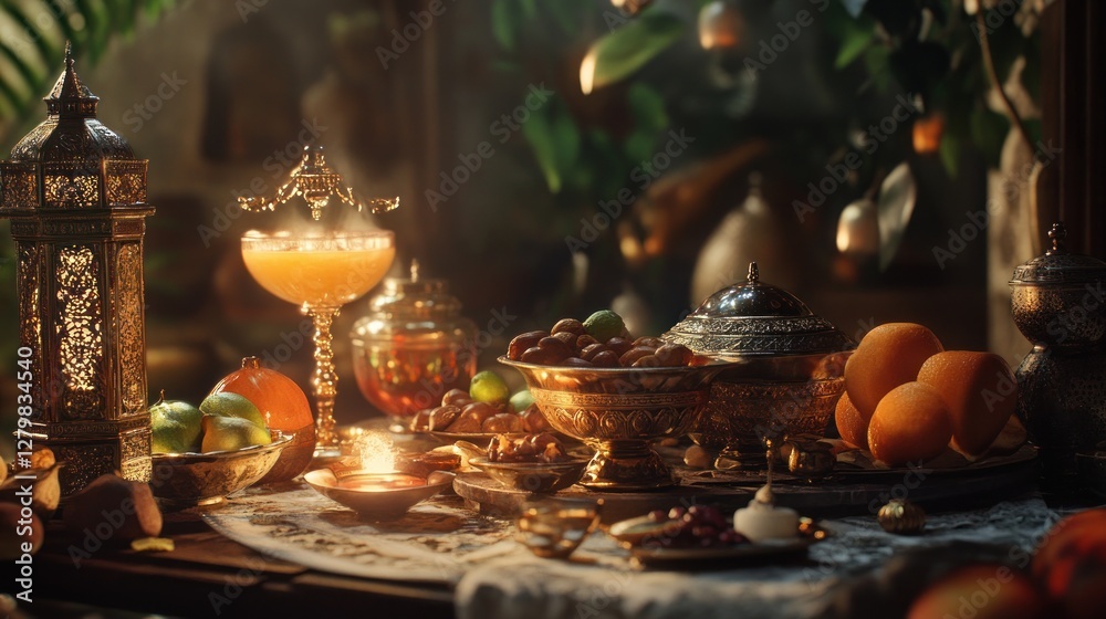 Ornate table setting with exotic fruits, nuts, and drinks, illuminated by warm light. Ornate table setting with exotic fruits, nuts, and drinks, illuminated by warm light.
