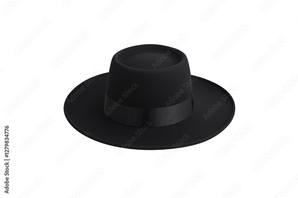 Black hat with a black ribbon around the top, isolated Black hat with a black ribbon around the top, isolated