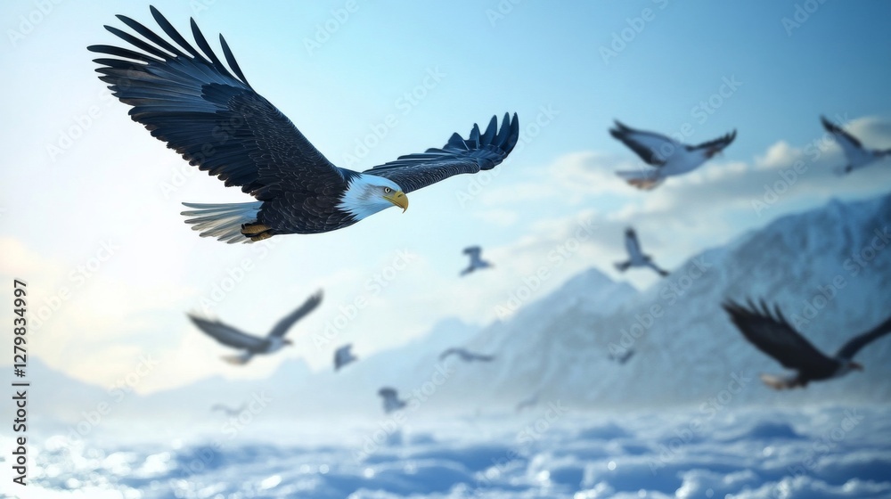 Naklejka premium Pixel Art Eagle Soaring Above Snowy Mountains