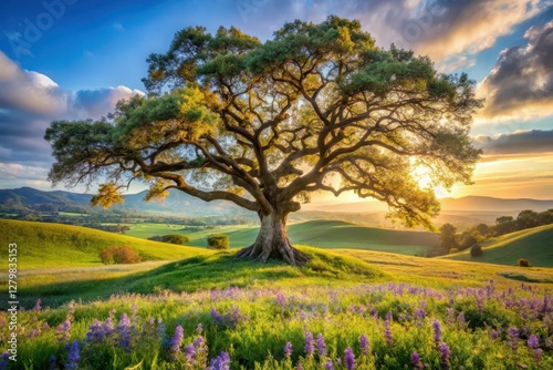 Wallpaper Mural Serene Sunset Landscape Featuring a Majestic Oak Tree in a Vibrant Wildflower Meadow Torontodigital.ca