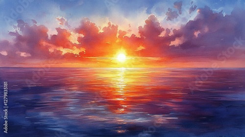 Golden Sunset Reflected on Peaceful Ocean Waters and Cloudy Skies