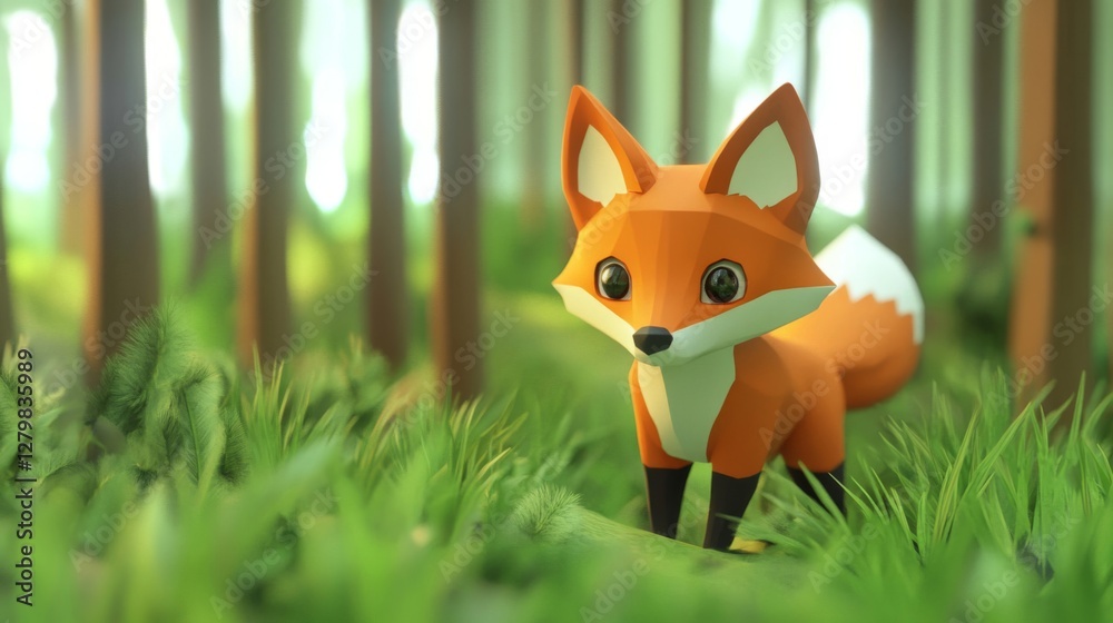 Obraz premium Cute Orange Fox in Low Poly Forest Illustration