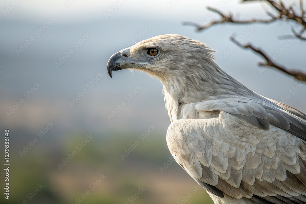 Majestic eagle perched, showcasing its striking features and keen gaze Majestic eagle perched, showcasing its striking features and keen gaze