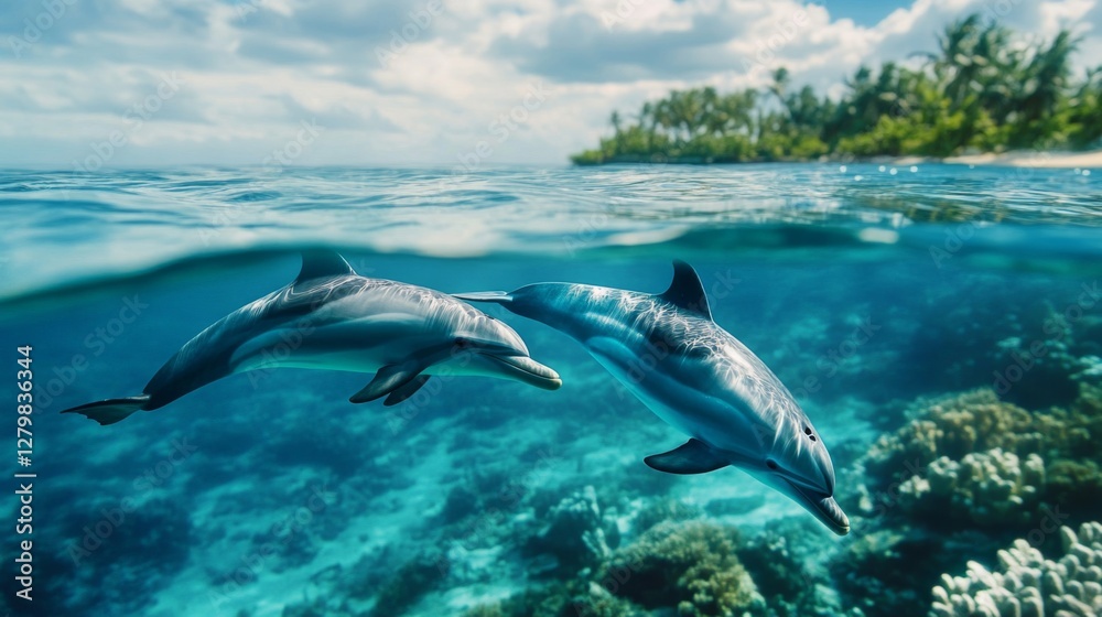 Fototapeta premium Two Dolphins Swimming in a Vibrant Tropical Ocean