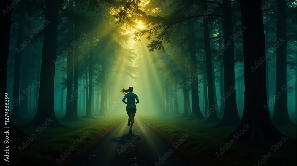 Fototapeta premium Lone runner in silhouette, wearing dark outfit, running down forest path with tall trees either side, bathed in ethereal golden sunlight. Sunrise jogging concept for fitness nature and tranquility