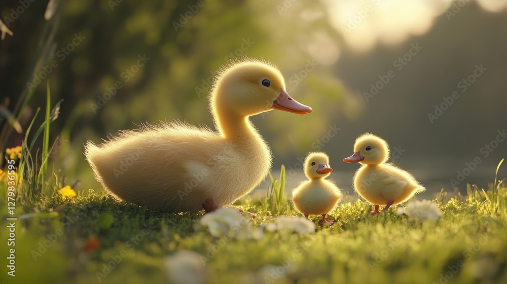 Fluffy Yellow Ducklings in Green Grass Fluffy Yellow Ducklings in Green Grass