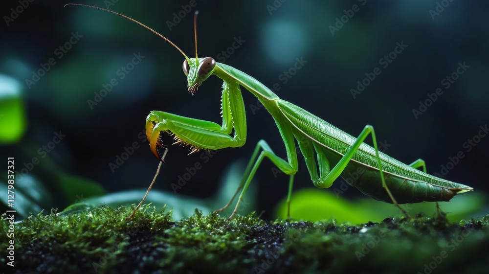 Green Praying Mantis on Moss in Dark Forest Green Praying Mantis on Moss in Dark Forest