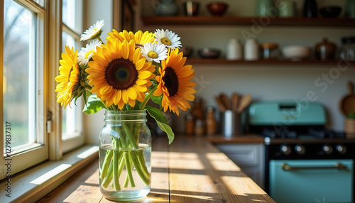 Mason jar vases with wildflowers for rustic table settings, country-chic events, and bohemian-inspired decor. Perfect for wedding receptions, bridal showers, and garden parties. photo