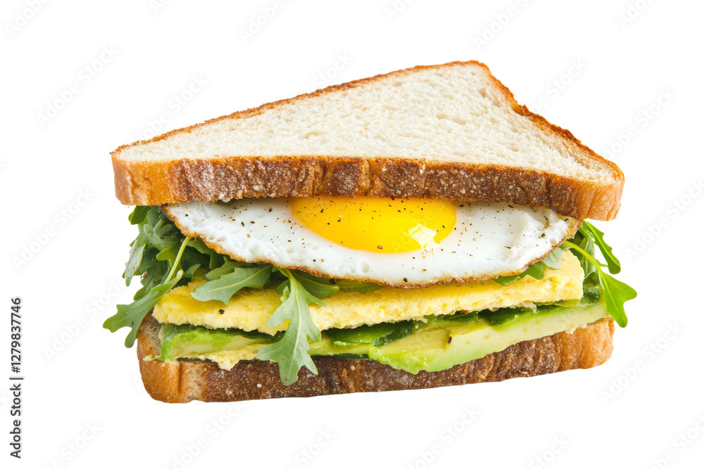 Sandwich with an egg and spinach on top of a piece of toast, isolated Sandwich with an egg and spinach on top of a piece of toast, isolated