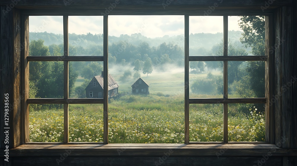 Naklejka premium A dreamy countryside with small cottages nestled amidst rolling meadows, seen through the panes of a rustic wooden office window, dappled sunlight, soft haze on the horizon, intricate details,