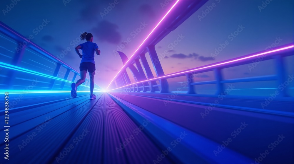 Silhouetted runner on futuristic bridge at dusk with vibrant blue and pink lights, creating dynamic cyberpunk atmosphere. Sunrise jogging reflects energy and motion in urban landscape. Silhouetted runner on futuristic bridge at dusk with vibrant blue and pink lights, creating dynamic cyberpunk atmosphere. Sunrise jogging reflects energy and motion in urban landscape.