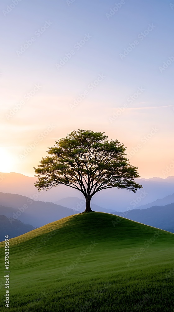 Fototapeta premium Solitary tree on hilltop at sunset, peaceful landscape, nature serenity, phone wallpaper
