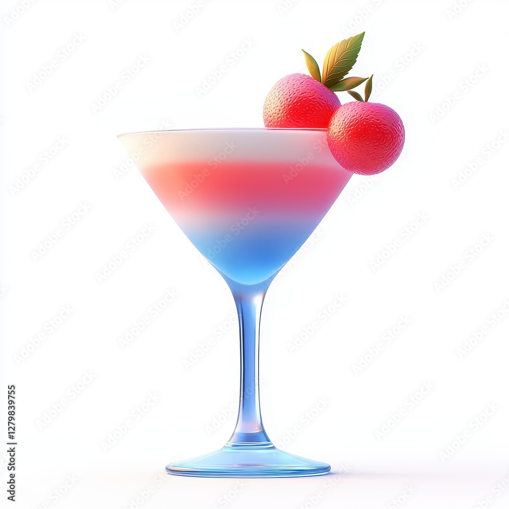 Layered Tricolor Cocktail Drink in Martini Glass with Red Berries Garnish Layered Tricolor Cocktail Drink in Martini Glass with Red Berries Garnish