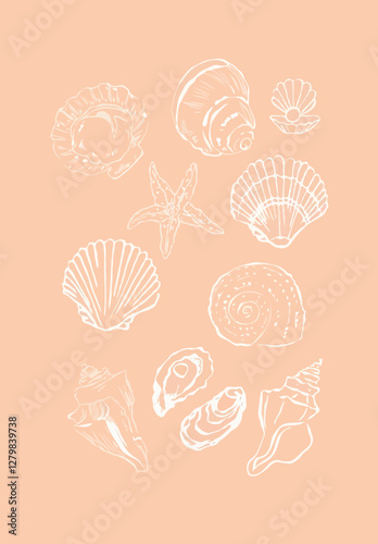 Seashells Print, Digital Art Download, Coastal Wall Art, Peach Wall Art, Trendy Beach House Decor, Cute Summer Print, Seashells Print