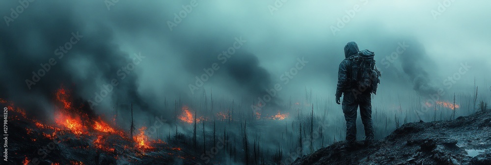 Lone hiker observes a vast wildfire burning through a forest, shrouded in smoke and mist. Lone hiker observes a vast wildfire burning through a forest, shrouded in smoke and mist.