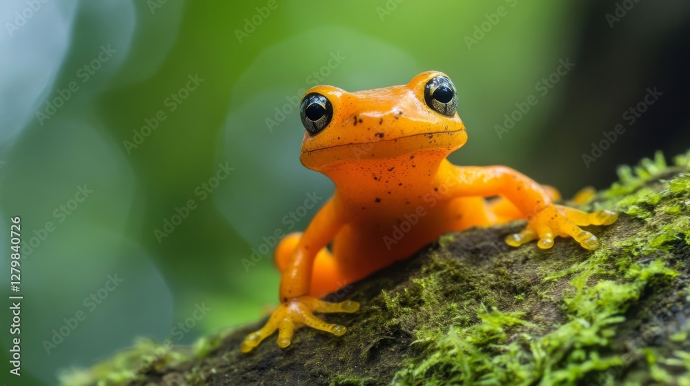 Fototapeta premium Vibrant Orange Frog on Mossy Log in Lush Green Forest