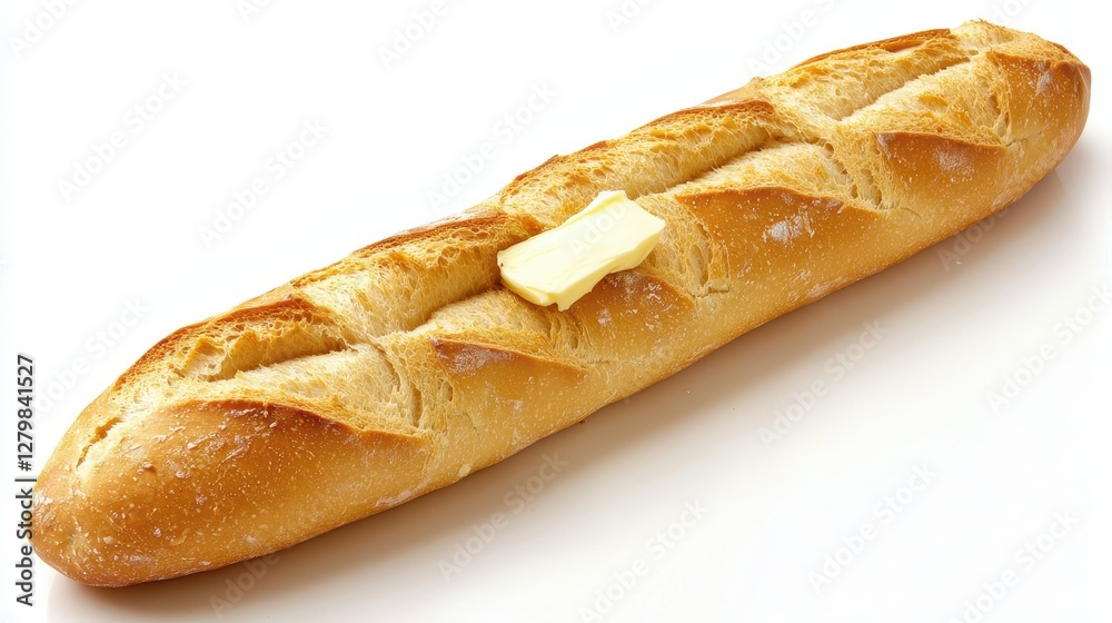 Freshly Baked Baguette with Butter Slice on a White Background Freshly Baked Baguette with Butter Slice on a White Background