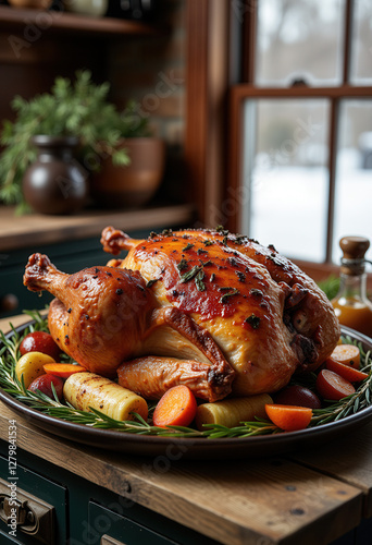 Whole Roasted Turkey in Rustic Setting for Holiday Food Photography and Restaurant Marketing photo