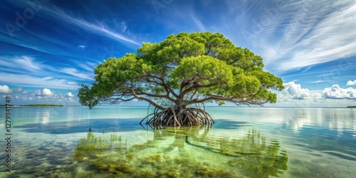 Serene coastal scene featuring a majestic tree with exposed roots standing in shallow, clear water under a vibrant sky