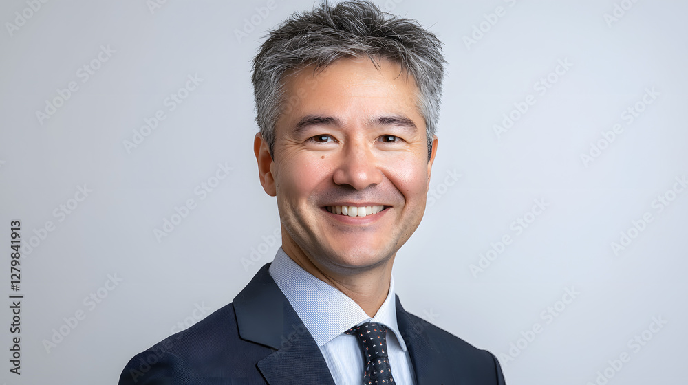 Professional businessman portrait with gray hair and confident smile in formal attire against white background Professional businessman portrait with gray hair and confident smile in formal attire against white background